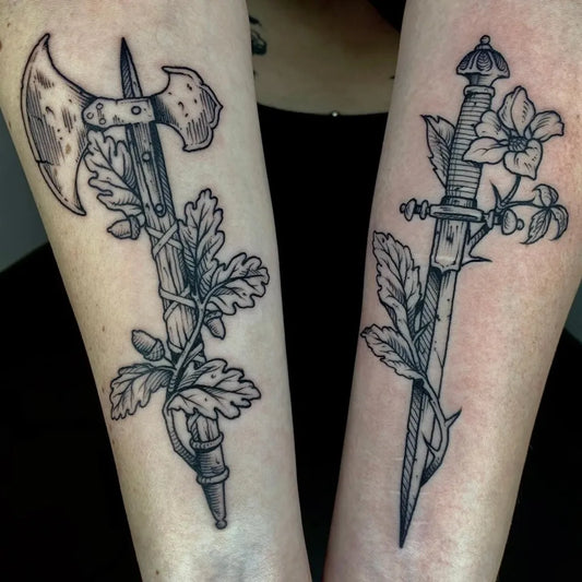 Medium Blackwork Axe Knife and Oak Tattoo on Women Arm by @guzmanelmalo