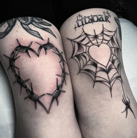 Medium Blackwork Barbed Wire Heart and Spider Web Tattoo on Women Knee by @hayleykeetattoos