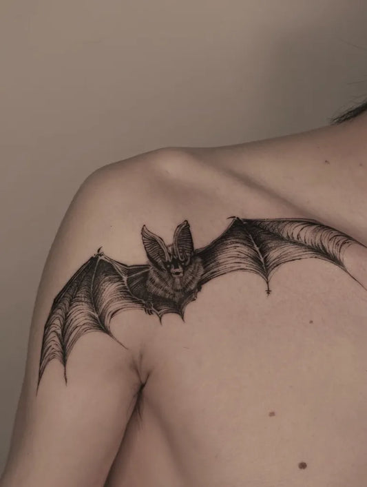 Medium Blackwork Bat Tattoo on Men Shoulder by @avenntattoo