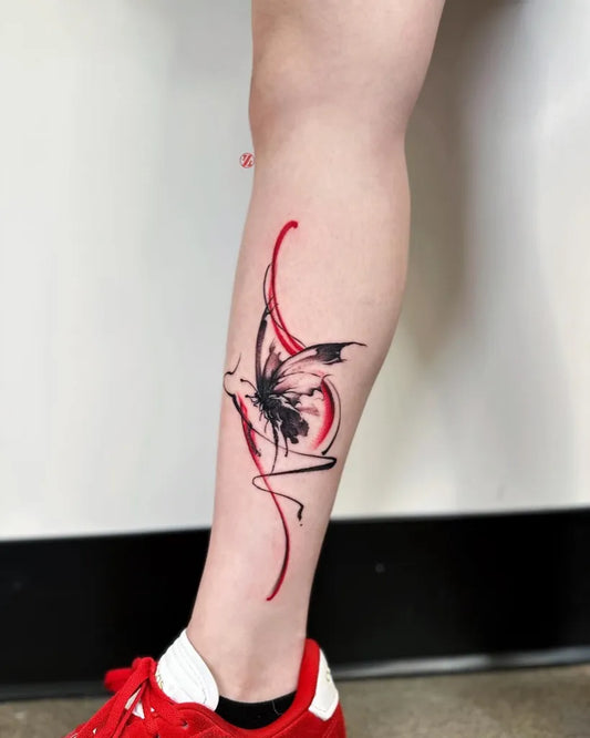 Medium Blackwork Bat Tattoo on Women Calf by @jiang_tattooer