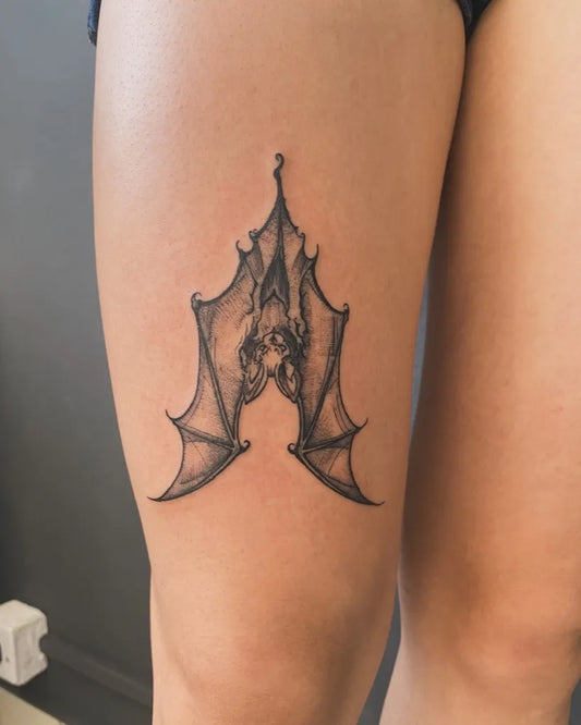 Medium Blackwork Bat Tattoo on Women Thigh by @gatattooer