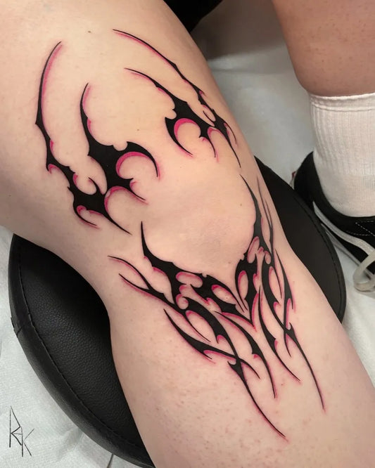 Medium Blackwork Bat Wings Tattoo on Women Knee by @reyk.curse