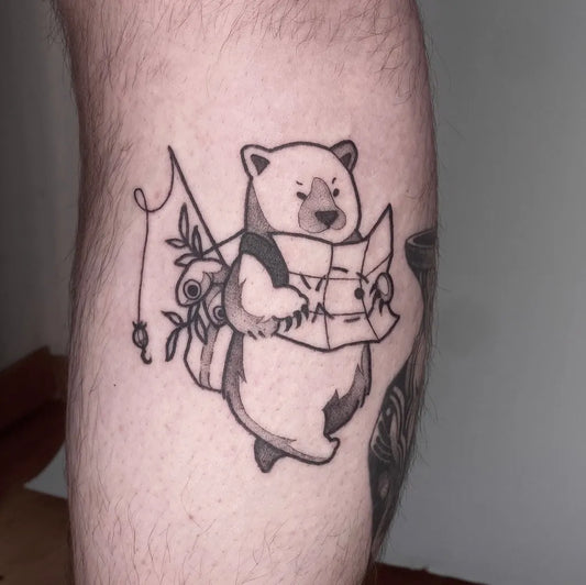Medium Blackwork Bear with Map and Fishing Backpack on Men Leg Tattoo by @joandumez