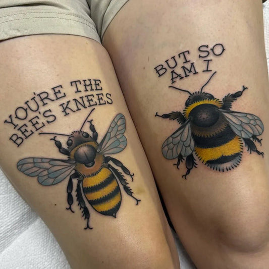 Medium Blackwork Bee Knees on Women Thigh Tattoo by @rachelsmithtattoo