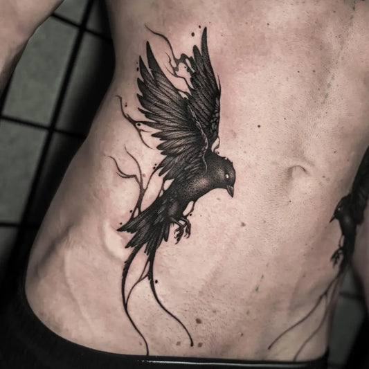 Medium Blackwork Bird Tattoo on Men Stomach by @zebra_ink_
