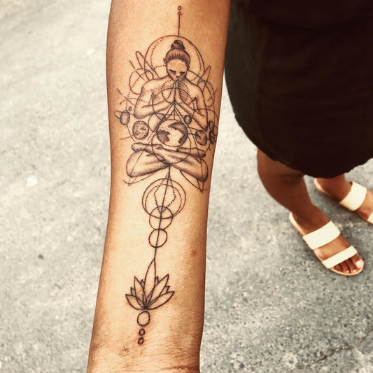 Medium Blackwork Buddha Lotus Mandala Spiritual Tattoo on Women Arm by @lulutattoos1_arrtified