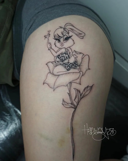 Medium Blackwork Bugs Bunny Rose Cartoon Tattoo on Women Thigh by @herwayzz