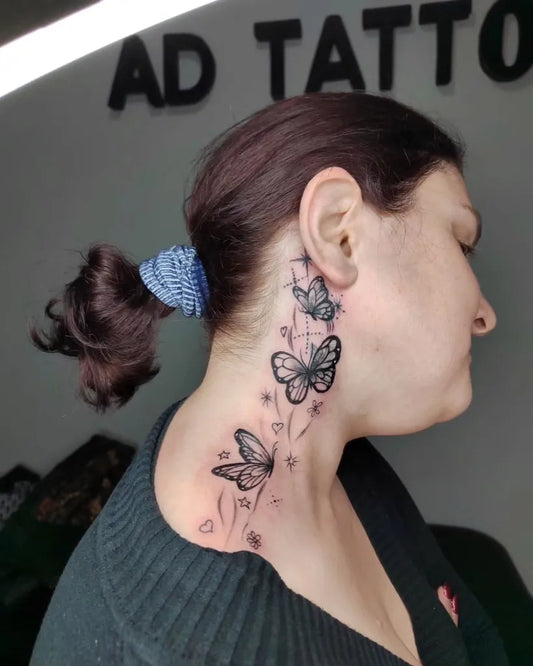 Medium Blackwork Butterflies on Women Neck Tattoo by @ad__tattoo