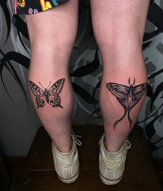Medium Blackwork Butterfly Tattoo on Women Calf by @l.sinatra__