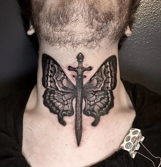 Medium Blackwork Butterfly and Sword Tattoo on Men Throat by @erh_mer_gerd