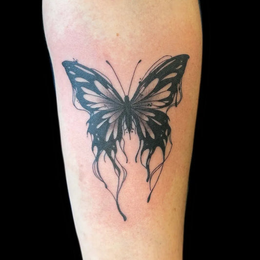 Blackwork Butterfly on Women Forearm Tattoo by @dana.dynamite.tattoos