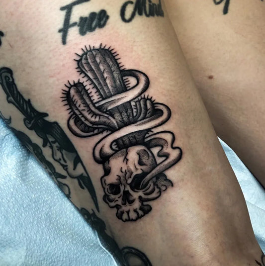 Medium Blackwork Cactus Skull Tattoo on Men Arm by @tinta_el_toro
