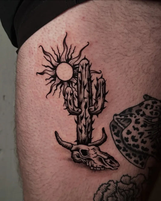 Medium Blackwork Cactus Sun and Bull Skull Tattoo on Men Thigh by @chinofacethesun