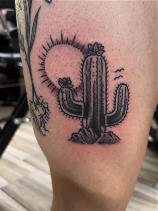 Medium Blackwork Cactus and Sun Tattoo on Men Leg by @idontcomefromnowhere