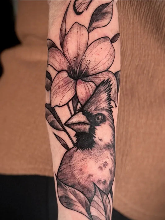 Medium Blackwork Cardinal and Lily Tattoo on Women Arm by @yqtattoos