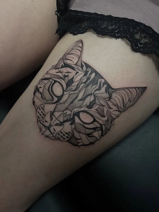 Medium Blackwork Cat Head Animal Tattoo on Women Thigh by @_favry