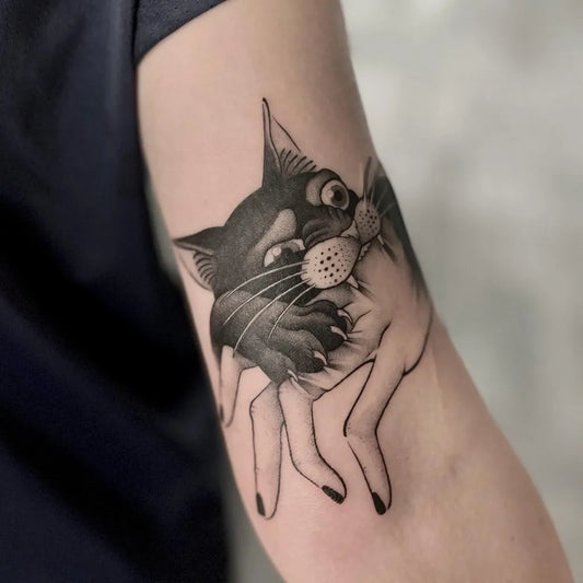 Medium Blackwork Cat Tattoo on Women Arm by @margolisdark
