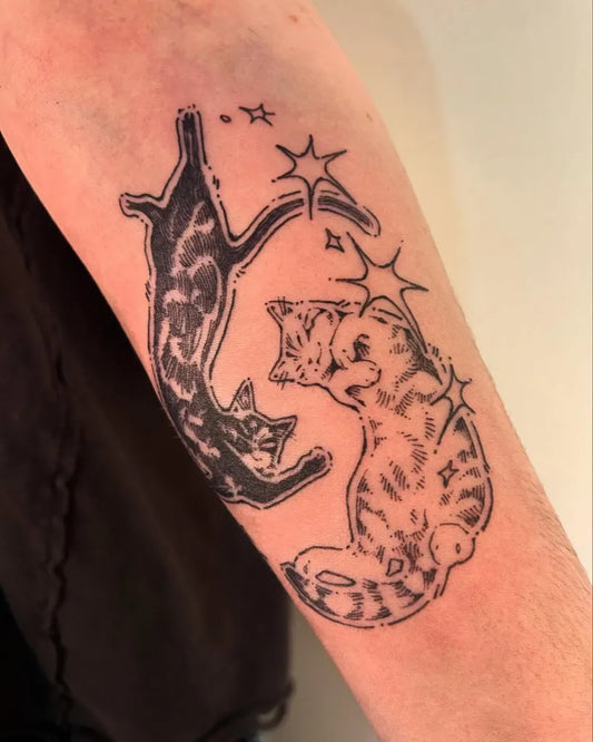Medium Blackwork Cat and CrescentMoon Tattoo on Women Forearm by @clown.collegiate