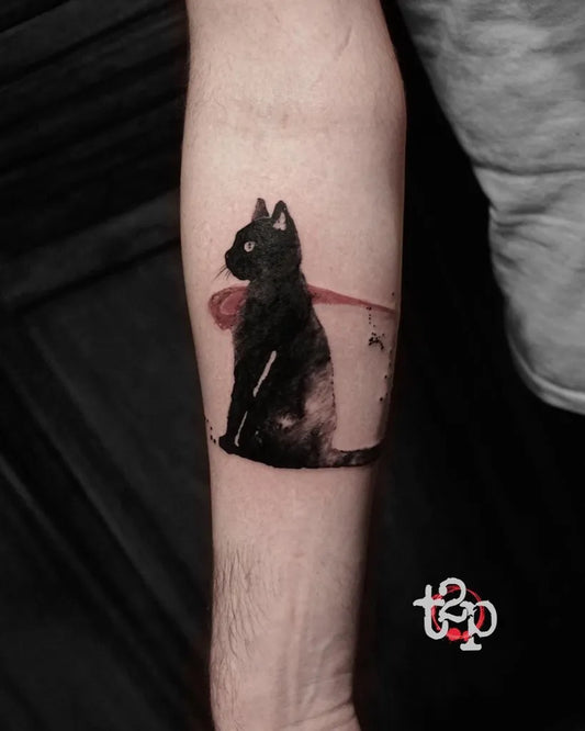 Medium Blackwork Cat on Men Arm Tattoo by @ta2pawel
