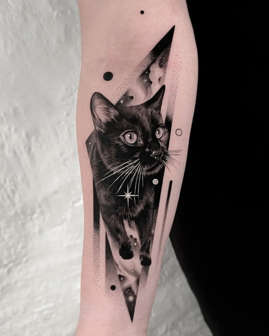 Medium Blackwork Cat with Geometric Abstract Tattoo on Women Arm by @ro_tattoo