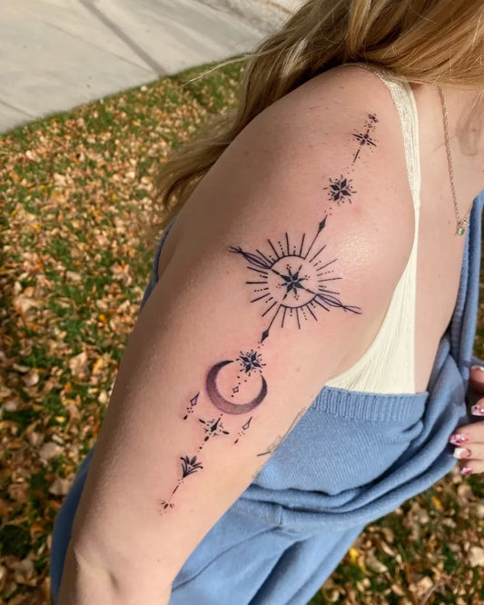 Medium Blackwork Celestial Compass Tattoo on Women Shoulder by @minatattoos