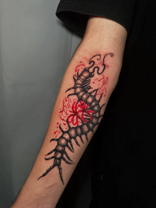 Medium Blackwork Centipede Flower Tattoo on Men Arm by @crimsonariss