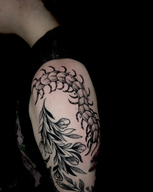 Medium Blackwork Centipede and Olive Branches Tattoo on Women Arm by @codextattoos