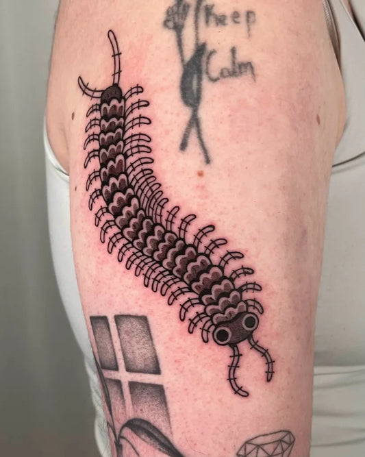 Medium Blackwork Centipede and Window Tattoo on Women Arm by @shlorp.tats