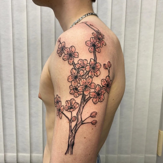 Medium Blackwork Cherry Blossom Branch on Men Shoulder Tattoo by @mikegor