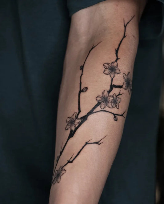 Medium Blackwork Cherry Blossom Branches on Men Arm Tattoo by @erikaivanova