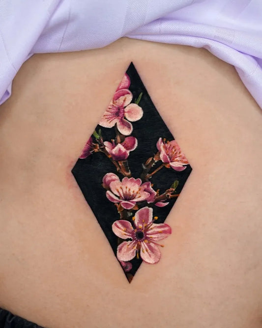 Medium Blackwork Cherry Blossom Diamond on Women Back Tattoo by @myungdo___
