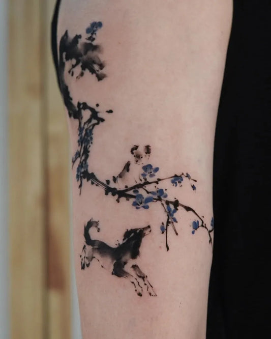 Medium Blackwork Cherry Blossom Dog and Flowers on Women Arm Tattoo by @hwaeum.oriental