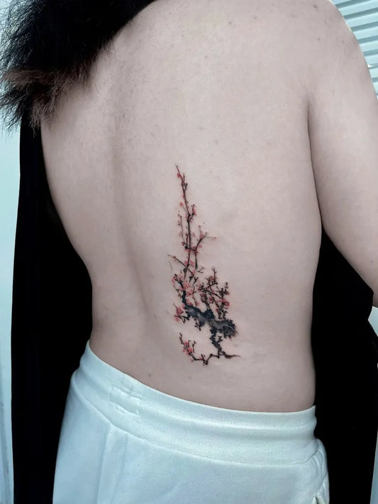 Medium Blackwork Cherry Blossom Tree on Women Back Tattoo by @rudotattoo