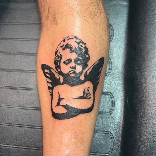 Medium Blackwork Cherub Angel on Men Leg Tattoo by @johnsl8r