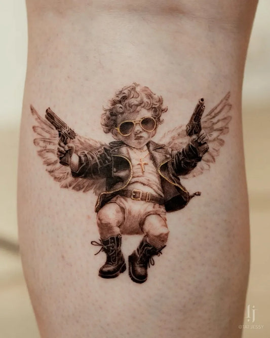 Medium Blackwork Cherub with Guns Tattoo on Women Leg by @tat.jessy