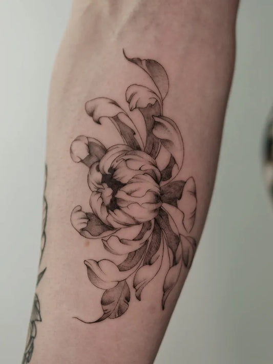 Medium Blackwork Chrysanthemum Black Tattoo on Women Arm by @kas.inks