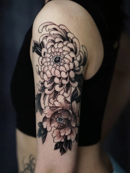 Medium Blackwork Chrysanthemum Black Tattoo on Women Shoulder by @phangs__