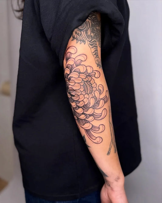 Medium Blackwork Chrysanthemum Tattoo on Women Arm by @giovannalavezo_