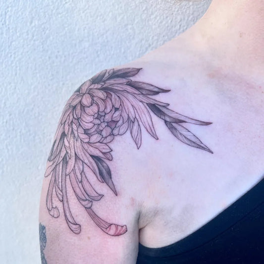 Medium Blackwork Chrysanthemum Tattoo on Women Shoulder by @kellcunningham.tattoo