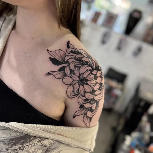 Medium Blackwork Chrysanthemum Tattoo on Women Shoulder by @steelninkbarrie