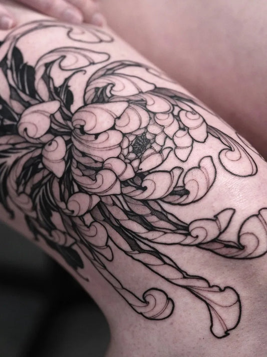 Medium Blackwork Chrysanthemum Tattoo on Women Thigh by @delicz.ttt