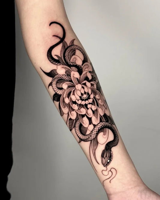 Medium Blackwork Chrysanthemum and Snake Tattoo on Women Arm by @gush.like.kush