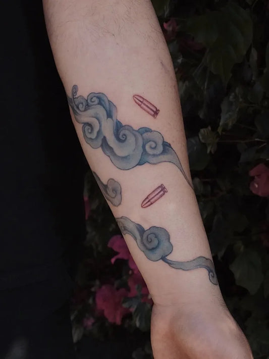 Medium Blackwork Cloud and Bullets Tattoo on Men Arm by @_yu.ja