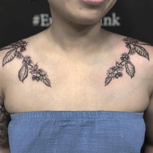 Medium Blackwork Coffee Branch Tattoo on Women Collarbone by @muriellamercado