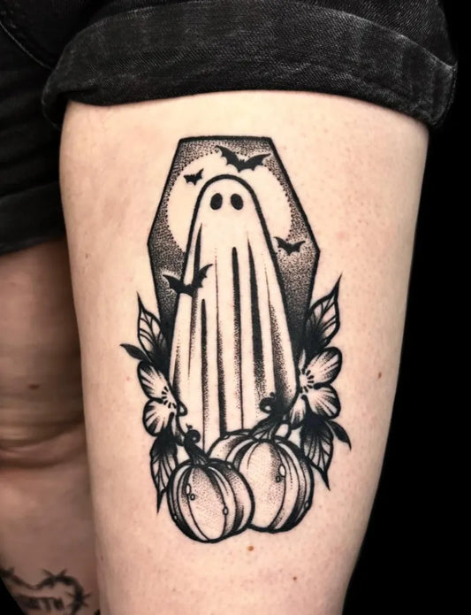Medium Blackwork Coffin Ghost Bats Halloween Tattoo on Women Thigh by @megferrytattoos