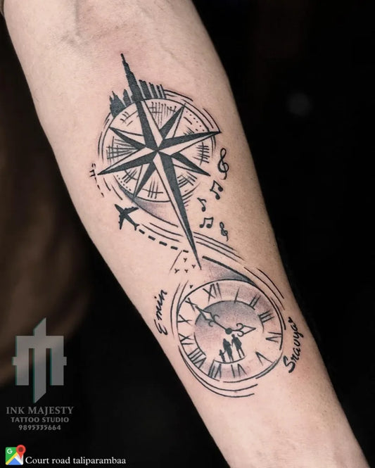 Medium Blackwork Compass Clock Family Tattoo on Men Arm by @tattoo_ink_majesty_taliparamba
