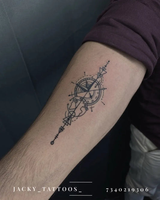 Medium Blackwork Compass Design on Men Arm Tattoo by @jacky_tattoos_