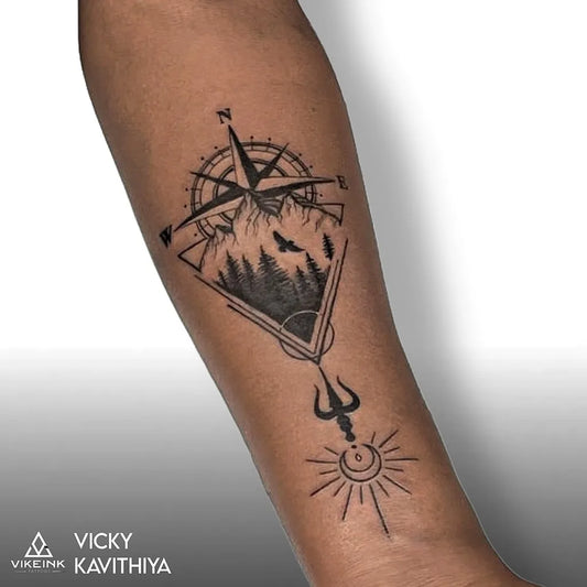 Medium Blackwork Compass Forest Sun on Men Arm Tattoo by @goatattoostudio