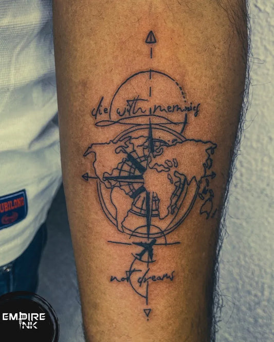 Medium Blackwork Compass Globe with Text on Men Arm Tattoo by @empireink.india