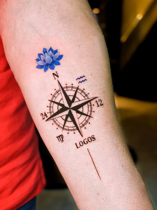 Medium Blackwork Compass Lotus on Men Arm Tattoo by @leo.agah.ink